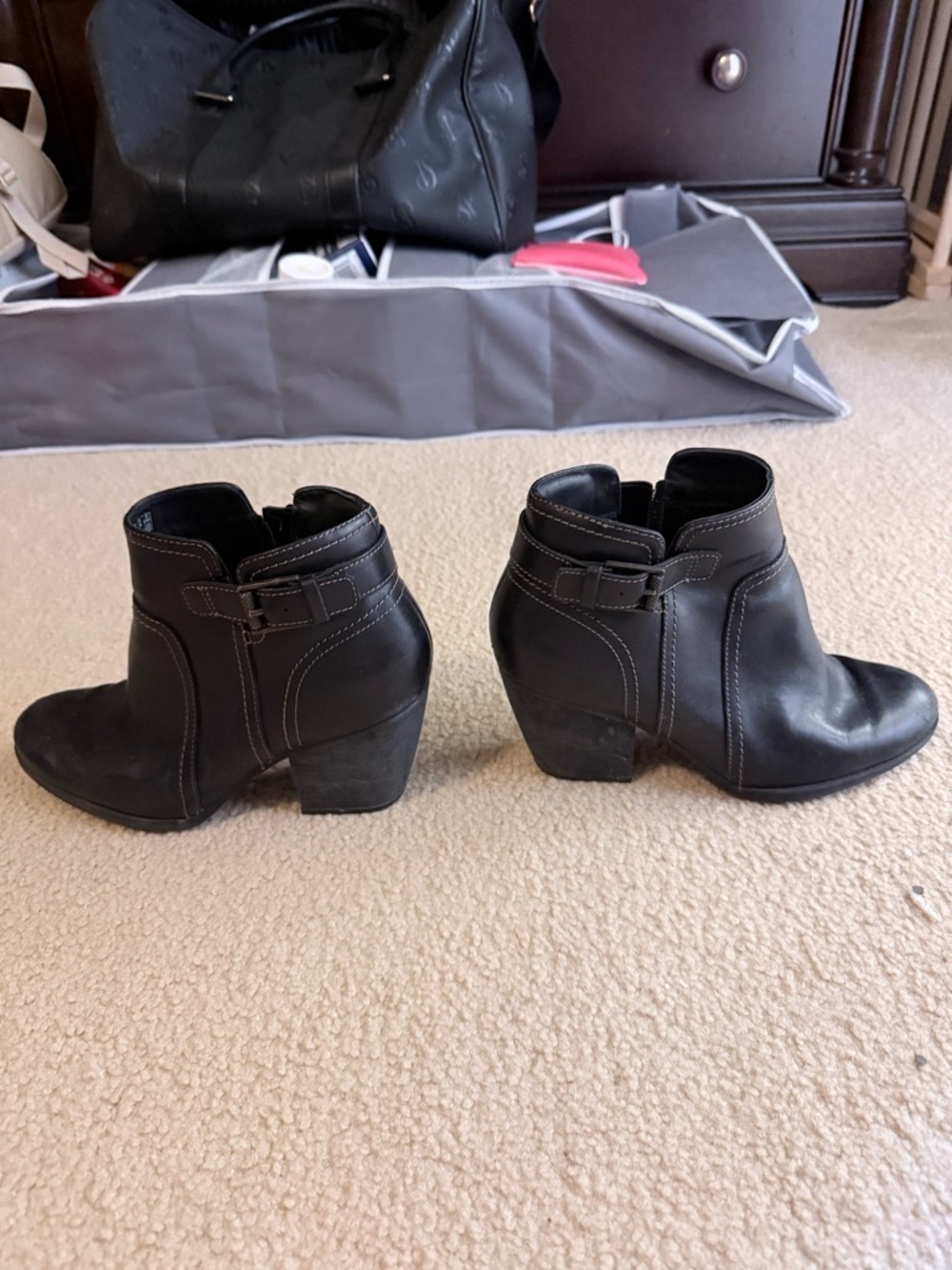 Clarks Black Leather Ankle Booties with Low Block Heel